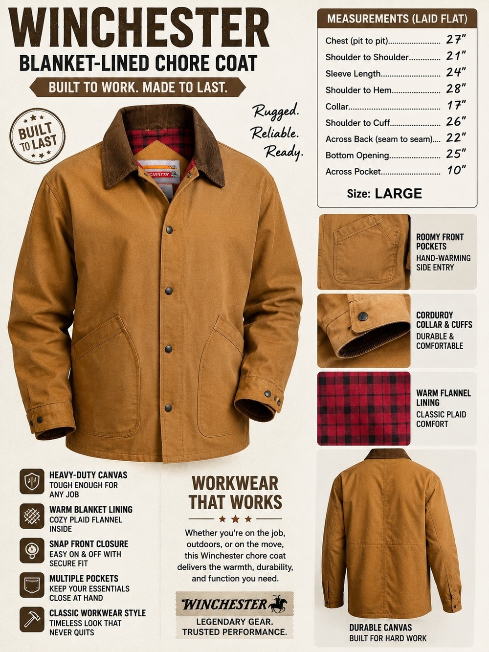 Winchester Men’s Blanket-Lined Chore Coat - Brown